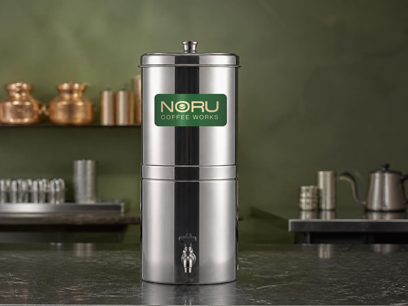 Stainless steel commercial South Indian coffee filter carrying the Noru Coffee Works sticker