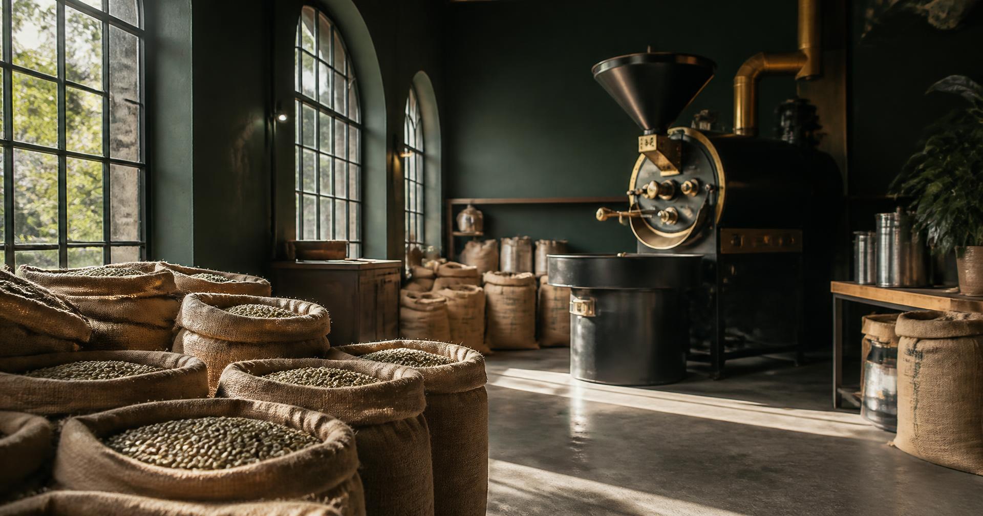 Noru Coffee roastery interior with jute sacks of green coffee beans beside a drum roaster