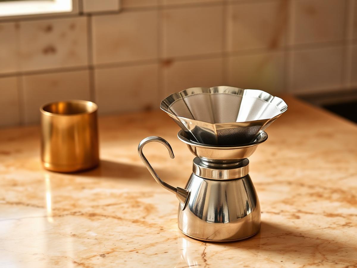 Traditional South Indian coffee filter on a counter