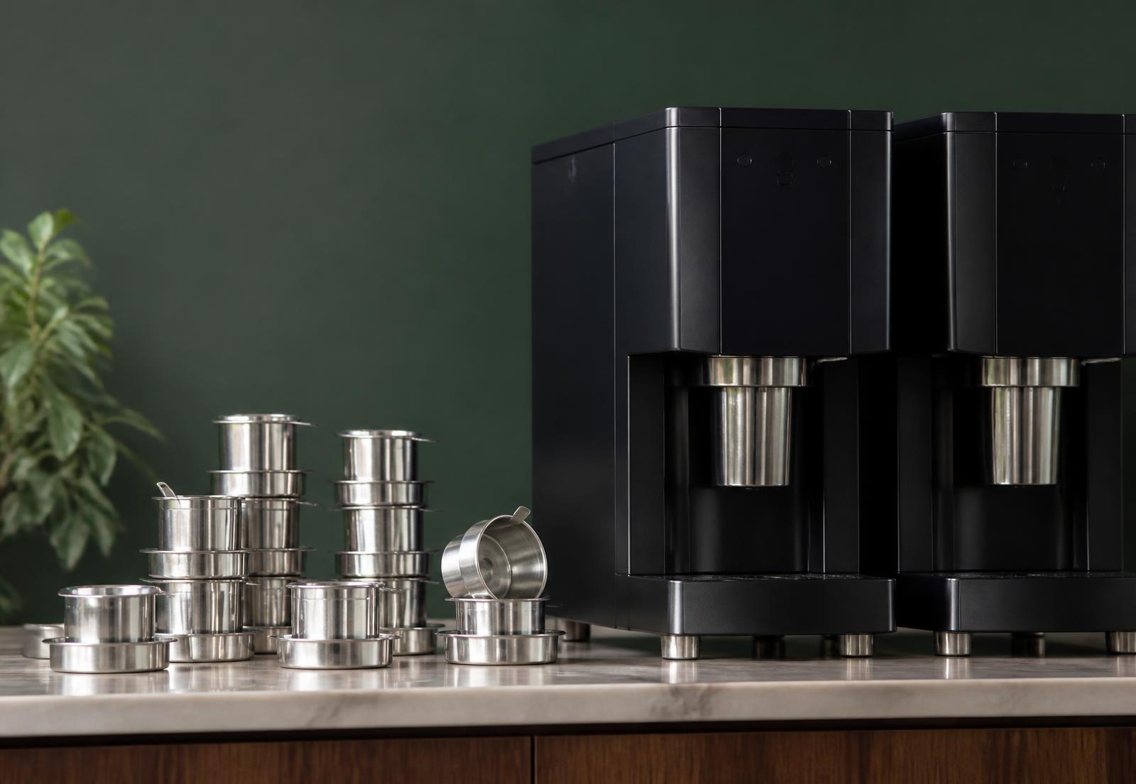 Stainless steel South Indian coffee filters beside commercial coffee vending machines