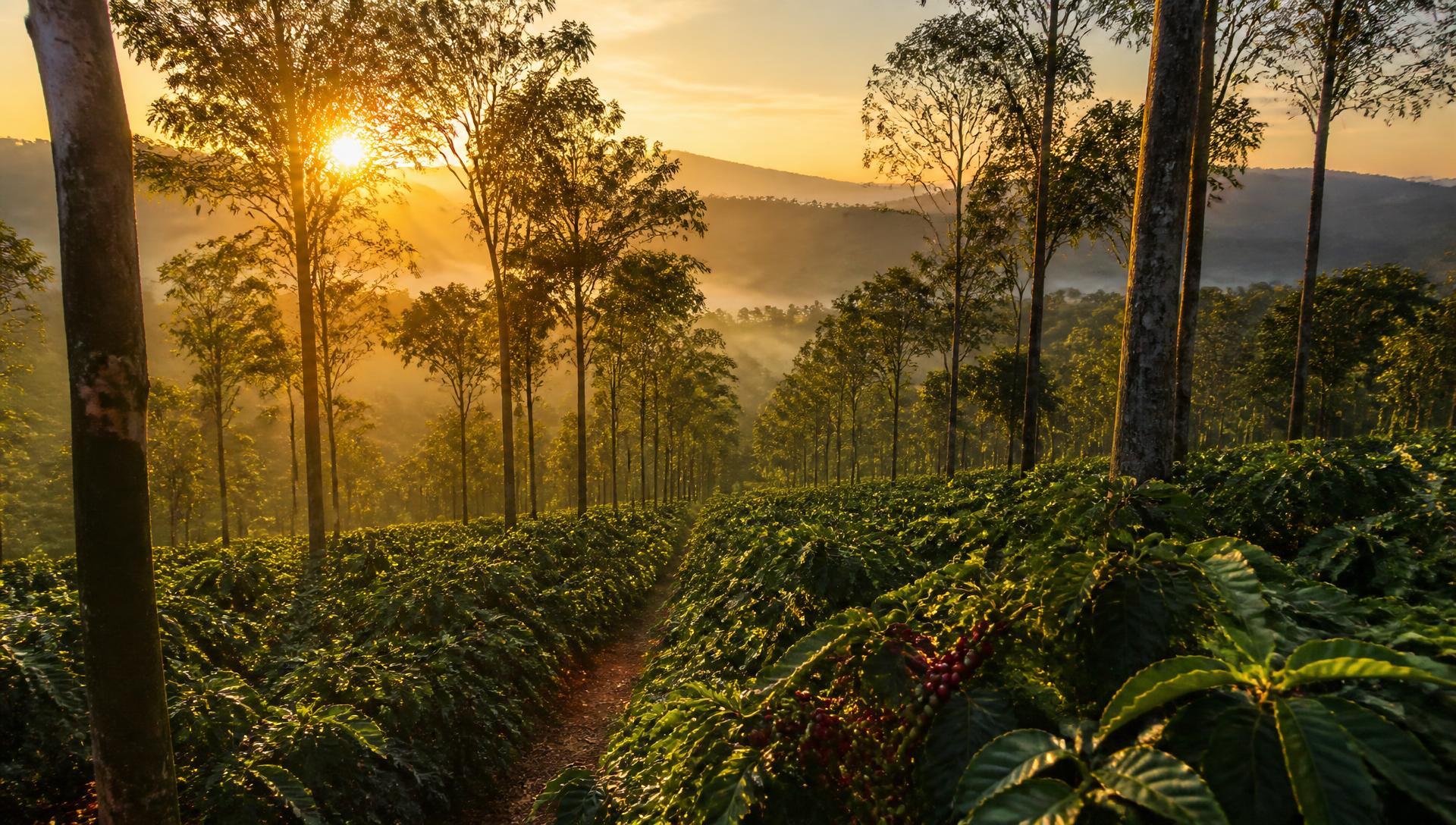 Sunrise over a misty coffee estate in Karnataka with rows of coffee shrubs under tall shade trees