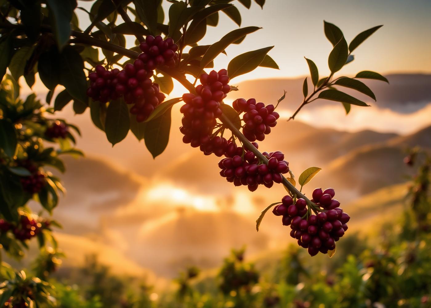 Ripe red coffee cherries on a branch in a misty Karnataka plantation at sunrise