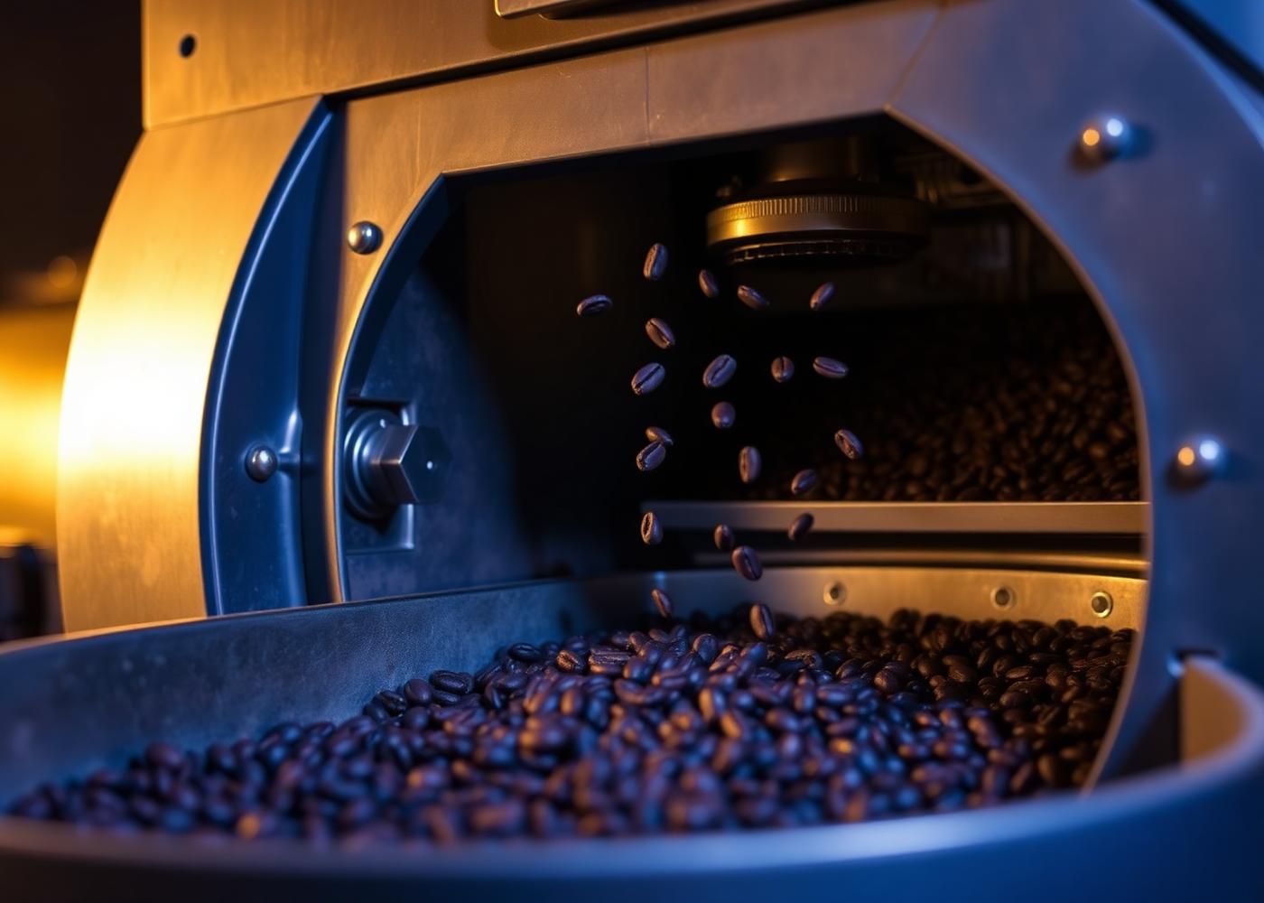 Freshly roasted coffee beans falling into the cooling tray of a commercial roaster