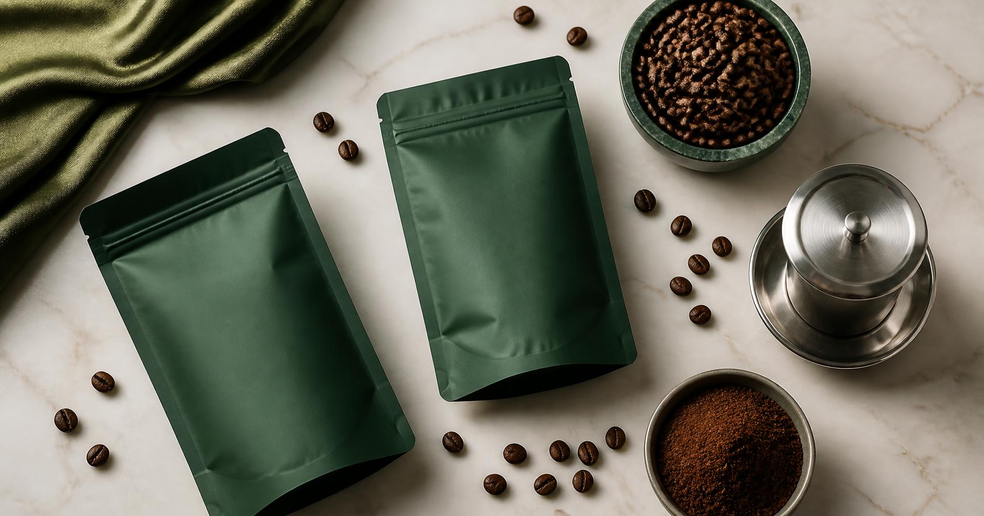 Matte green Noru filter coffee packs with coffee beans, ground coffee and a steel filter